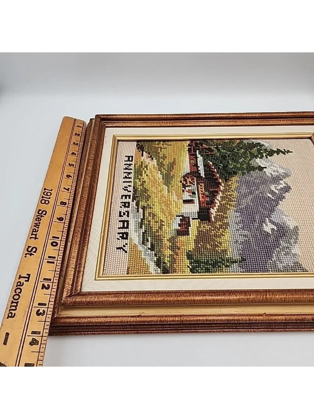 Vintage Alpine Lodge Mountain Cross Stitch Art Framed Landscape Anniversary